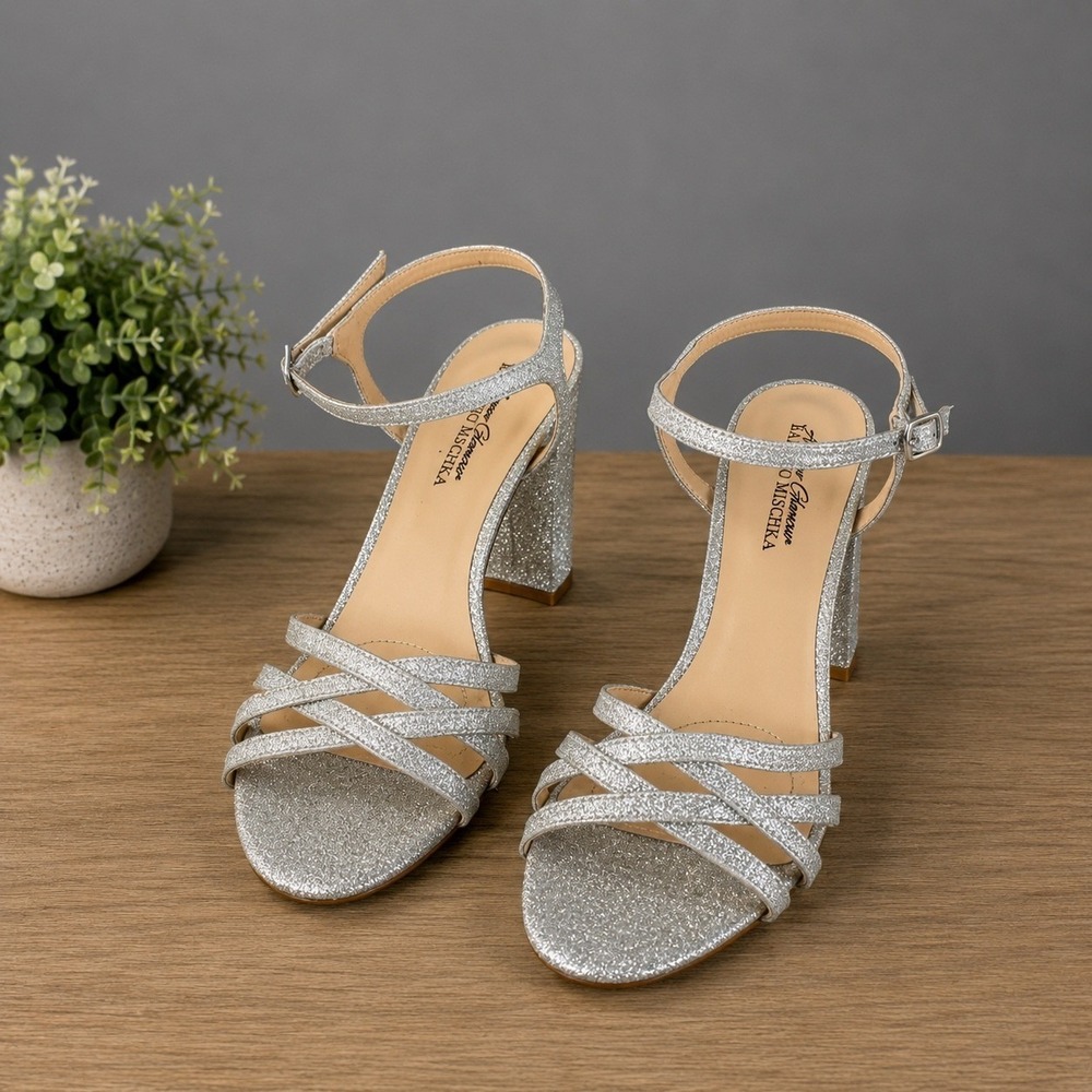 American Glamour Badgley Mischka Silver Glitter Block Heel Sandals Womens 6